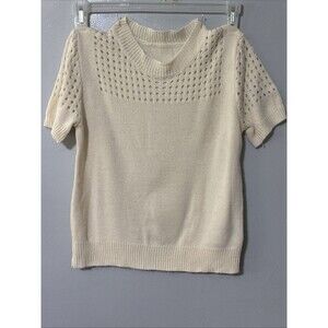 SHEIN Cream Pointelle Knit Sweater Top Short Sleeve Open Knit Yoke 100% Acrylic
